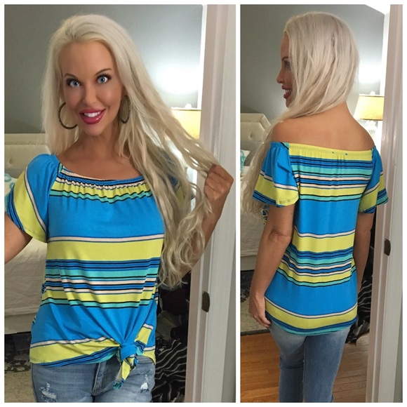 🛍On/Off Shoulder Ruffle Front Tie Striped Top! - Picture 2 of 6